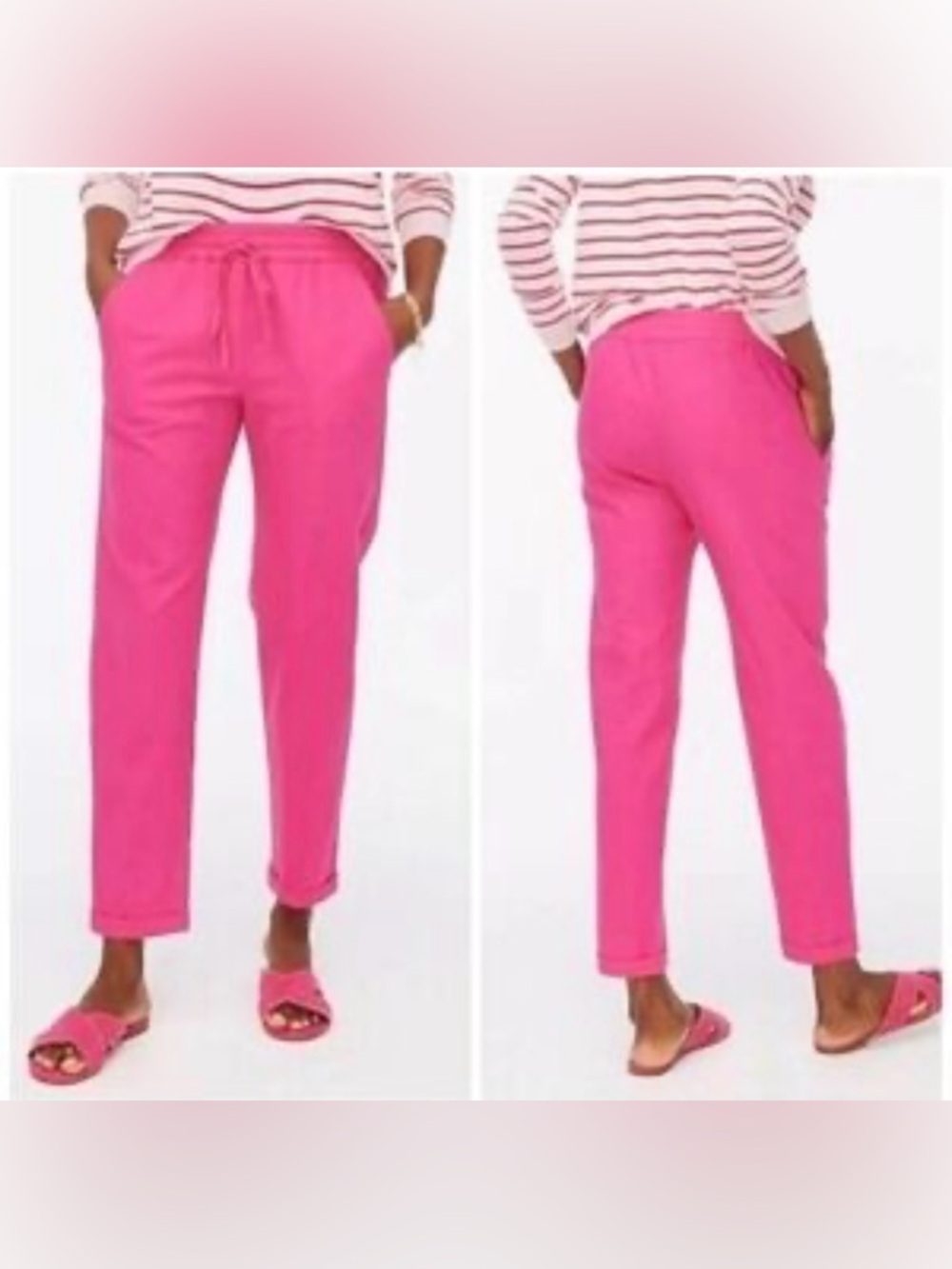 J. Crew Linen Cotton Drawstring Hot Pink Ankle Pants 4 Pockets Pull-On Fuchsia